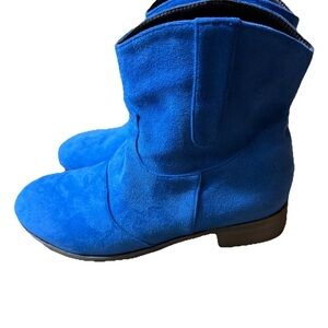 Electric Blue Suede Ankle Booties Round Toe Low Heel Cowgirl/Party/Festive NEW